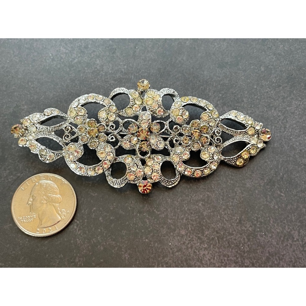 Vintage Style Silver Tone Rhinestone Filigree Brooch Pin Marquise Statement